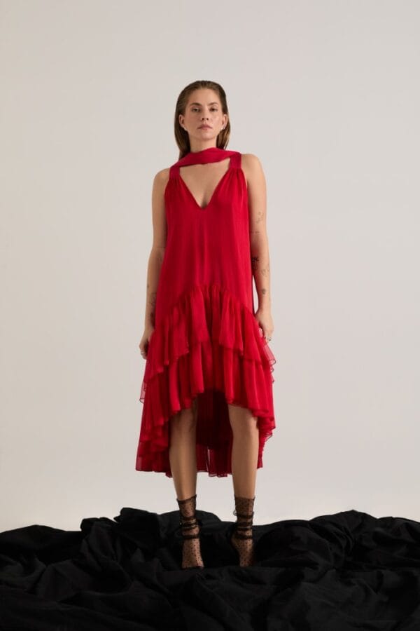 Czerwona jedwabna sukienka SILK CASCADE CRIMSON